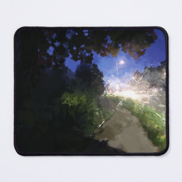 Item preview, Shadowy and dark path along the suburban road - car lights flashing bright - almost blinding - impressionism painting of a nightly walk designed and sold by tshuki.