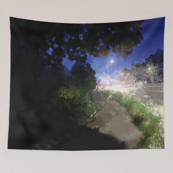 Item preview, Shadowy and dark path along the suburban road - car lights flashing bright - almost blinding - impressionism painting of a nightly walk designed and sold by tshuki.