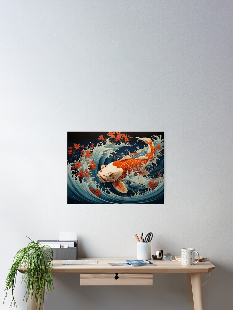 Thumbnail 2 of 3, Poster, Whimsical Waves: Traditional Japanese Style Painting of Vivacious Koi Fish designed and sold by RoyalKongz.