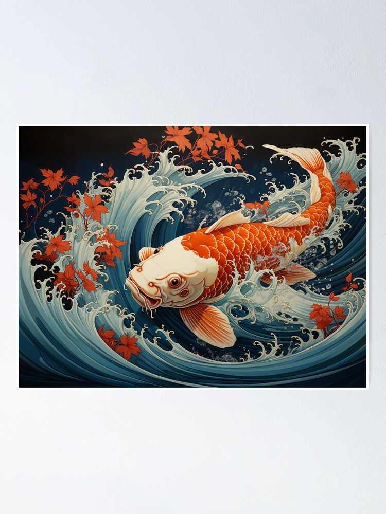 Thumbnail 1 of 3, Poster, Whimsical Waves: Traditional Japanese Style Painting of Vivacious Koi Fish designed and sold by RoyalKongz.