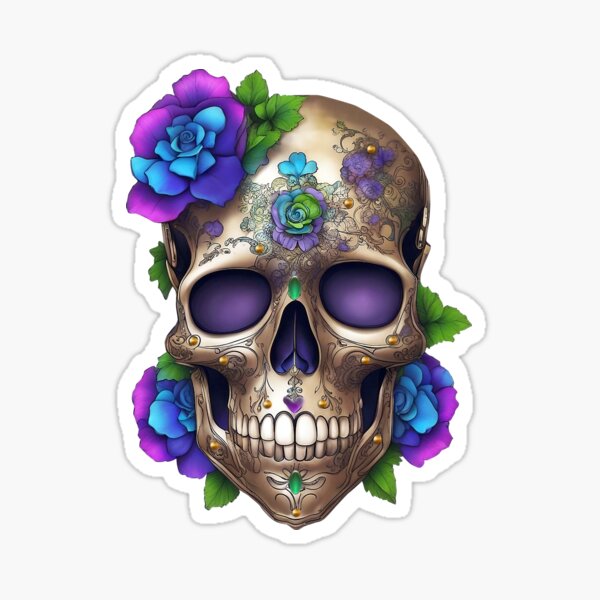 Day of the Dead Skull with Yellow and Blue Flowers