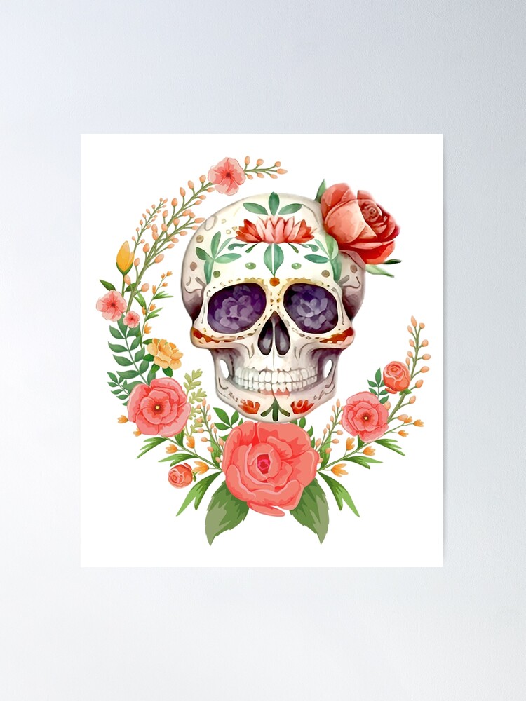 Pink Floral Dia De Los Muertos Sugar Skull | Poster