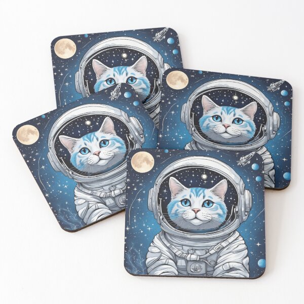 Item preview, white space cat with full moon and stars in space. Astronaut cat. designed and sold by By-Jeff.