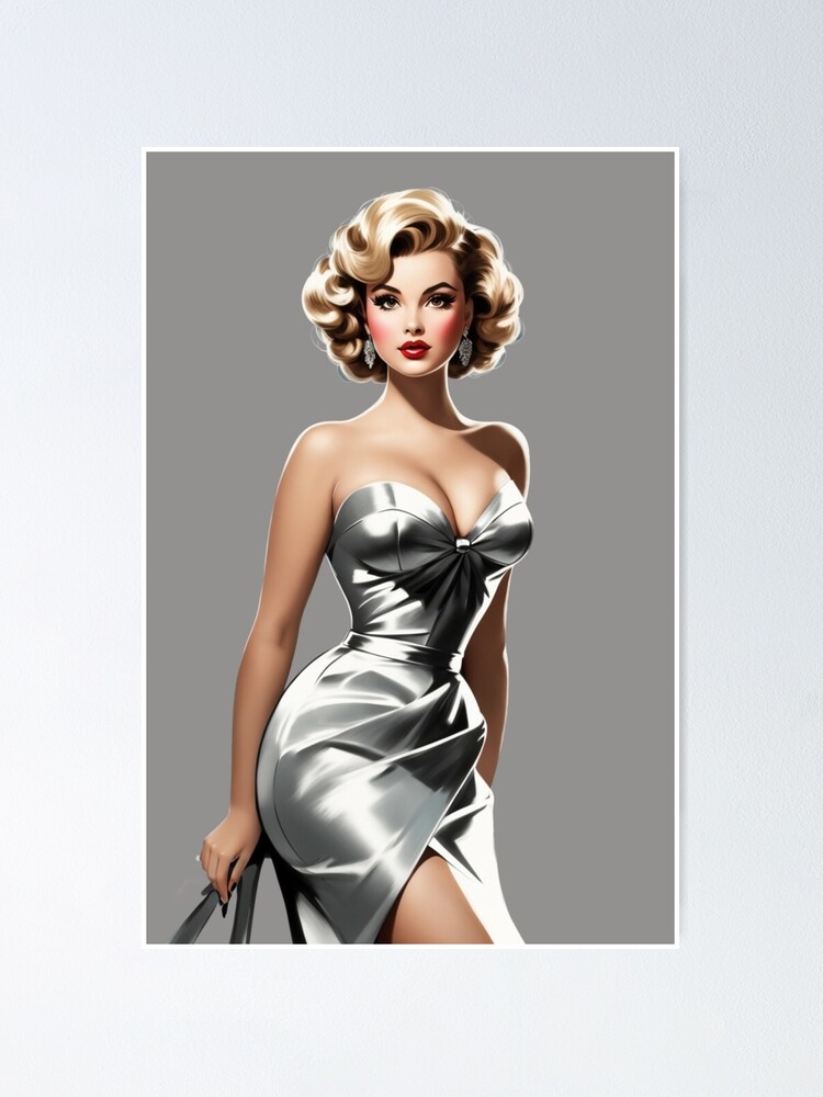 1950s Pin-Up Star: Illustrate a curvy woman in a classic pin-up dress,  capturing the alluring and glamorous style of the 1950s. Poster for Sale  by Ningodino