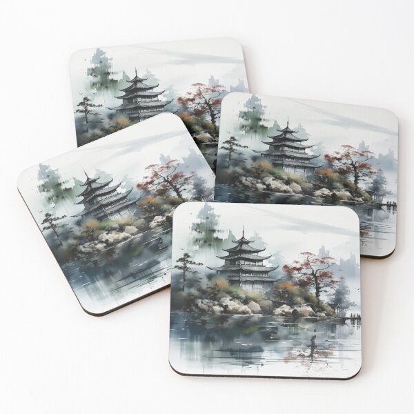 Item preview, Japanese Watercolor Landscape Pavillion By Lake designed and sold by Quips-n-Gifts.