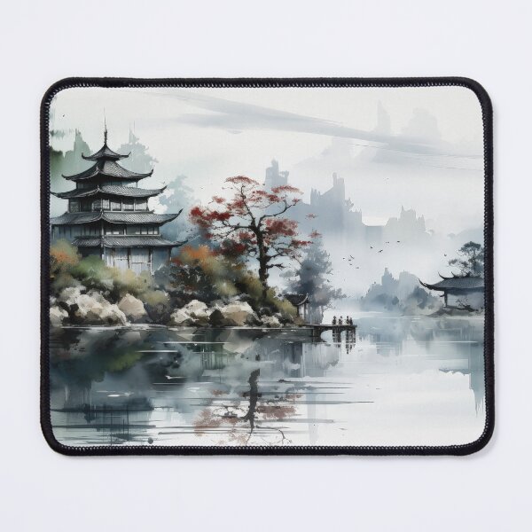 Item preview, Japanese Watercolor Landscape Pavillion By Lake designed and sold by Quips-n-Gifts.