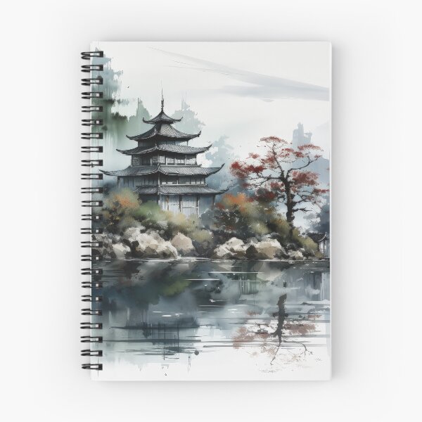 Item preview, Japanese Watercolor Landscape Pavillion By Lake designed and sold by Quips-n-Gifts.