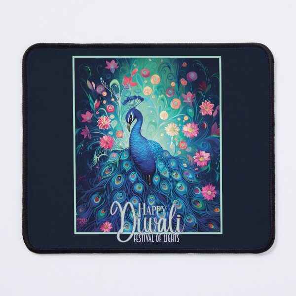 Item preview, Happy Diwali Festival of Lights Blue Peacock & Pink Flowers designed and sold by Karen McFarland.