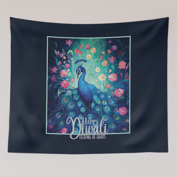 Item preview, Happy Diwali Festival of Lights Blue Peacock & Pink Flowers designed and sold by Karen McFarland.