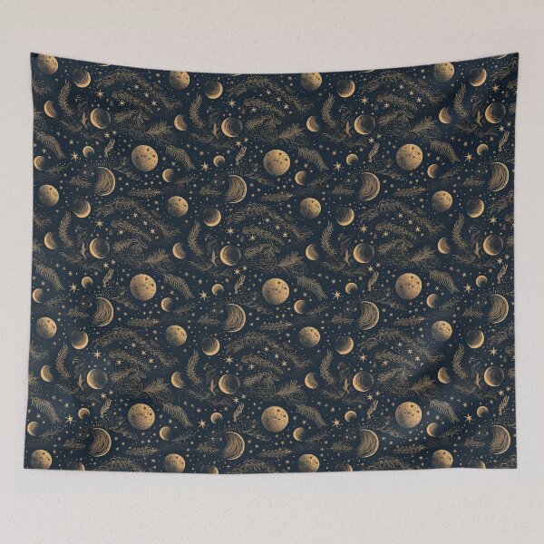 Item preview, Golden moon and stars on dark sky seamless pattern designed and sold by MiraCleAI.