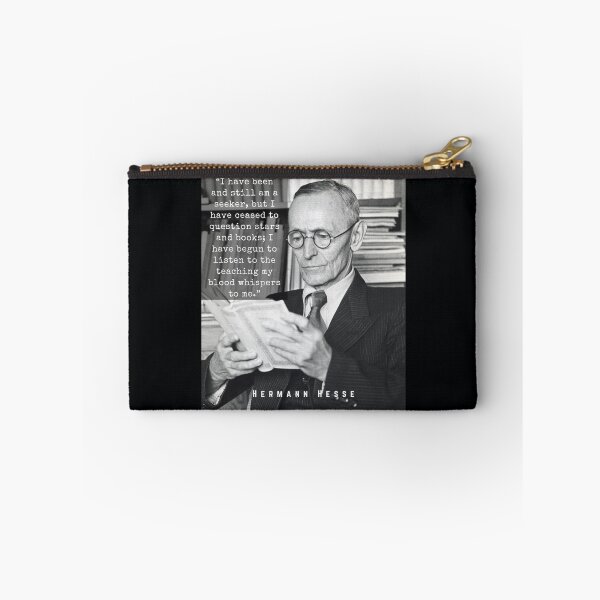 Item preview, Hermann Hesse portrait and quote:“I have been and still am a seeker.... I have begun to listen to the teaching my blood whispers to me.” designed and sold by artbleed.