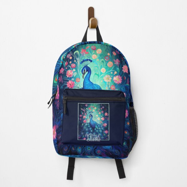 Item preview, Happy Diwali Festival of Lights Blue Peacock & Pink Flowers designed and sold by Karen McFarland.