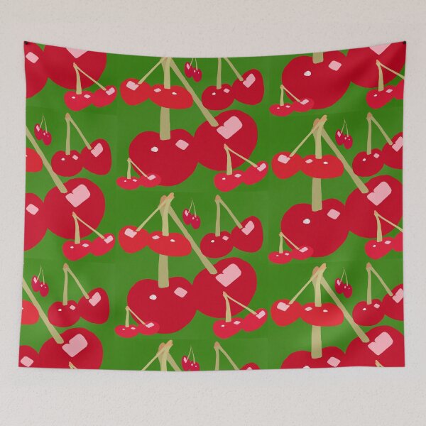 Item preview, Red Cherries with Green Background - Hand Drawn designed and sold by Victoria Rose.