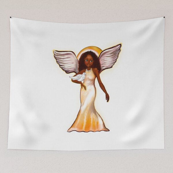 Item preview, Angel with dove - Black angel of peace ! With glow, Afro hair, green eyes, Cherry pink lips and dark brown skin. Hair love ! designed and sold by Artonmytee.