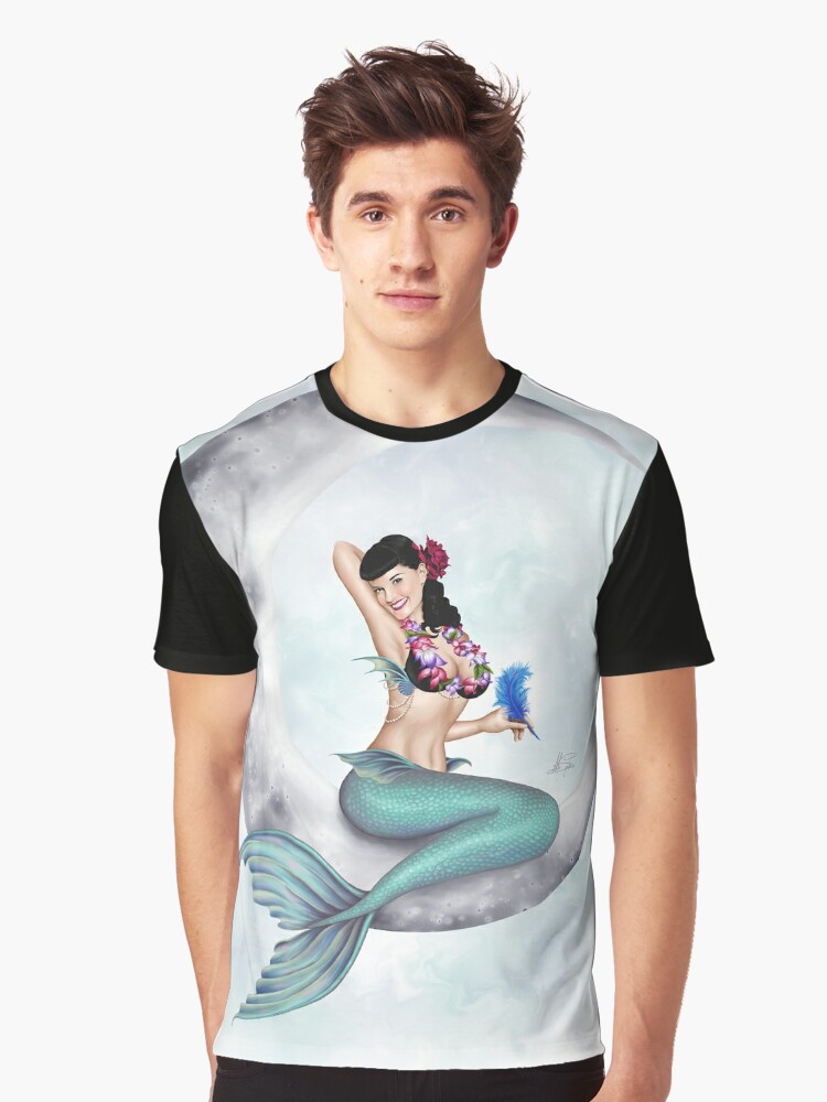Pin-up Mermaid on the Moon, Hawaiin Mermaid | Graphic T-Shirt