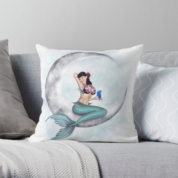 Pin-up Mermaid on the Moon, Hawaiin Mermaid Throw Pillow