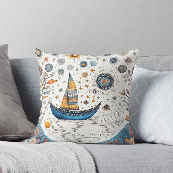 Item preview, a boat in the river in Boho folk art style. designed and sold by Natcharee.
