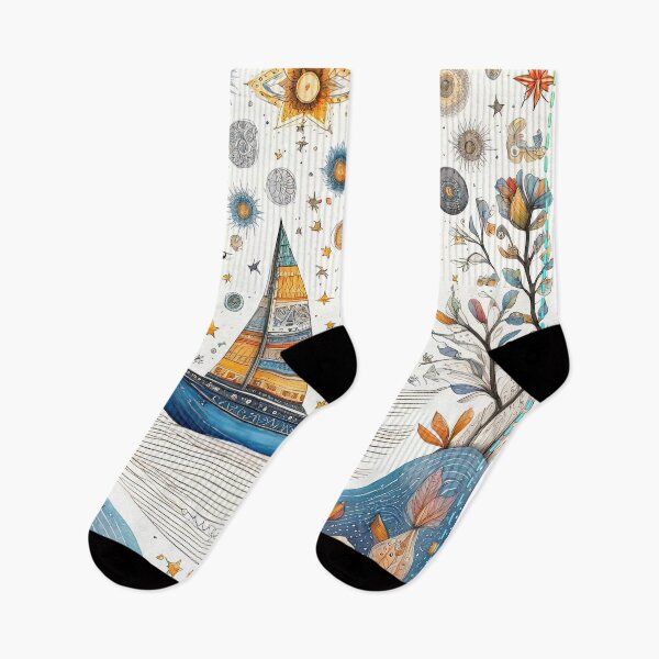 Item preview, a boat in the river in Boho folk art style. designed and sold by Natcharee.