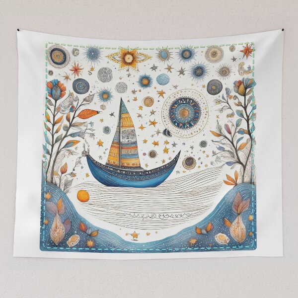Item preview, a boat in the river in Boho folk art style. designed and sold by Natcharee.