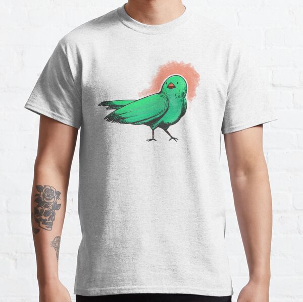 T-shirt that has a green bird wearing a black hat