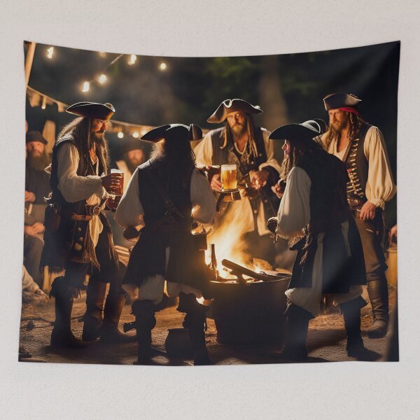 Item preview, A crew of pirates secretly gather around a campfire planning dastardly deeds and skulduggery! designed and sold by Zen-Hues.