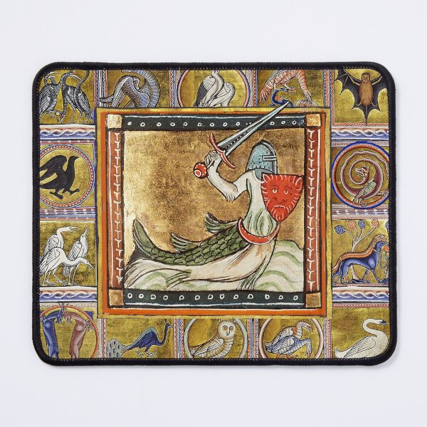 Item preview, MEDIEVAL BESTIARY,ZITIRON SEA KNIGHT WITH SWORD AND SHIELD, MYTHICAL ANIMALS IN GOLD BLUE  designed and sold by BulganLumini.
