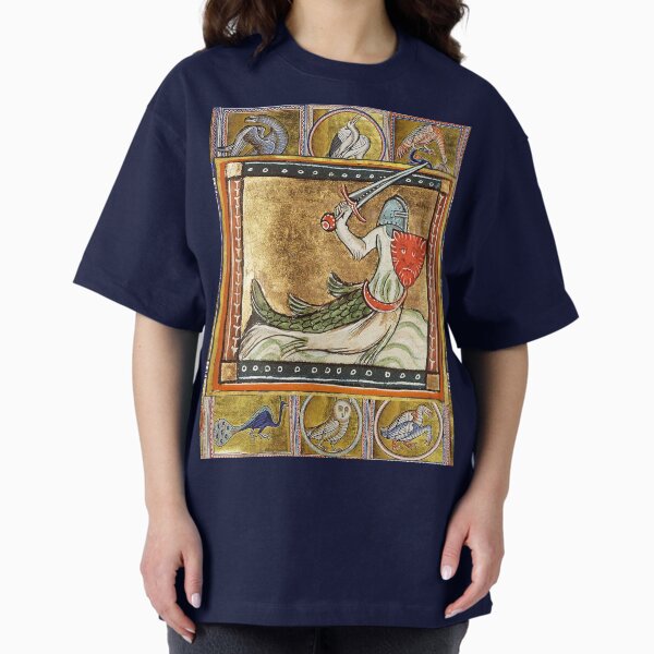 Item preview, MEDIEVAL BESTIARY,ZITIRON SEA KNIGHT WITH SWORD AND SHIELD, MYTHICAL ANIMALS IN GOLD BLUE  designed and sold by BulganLumini.