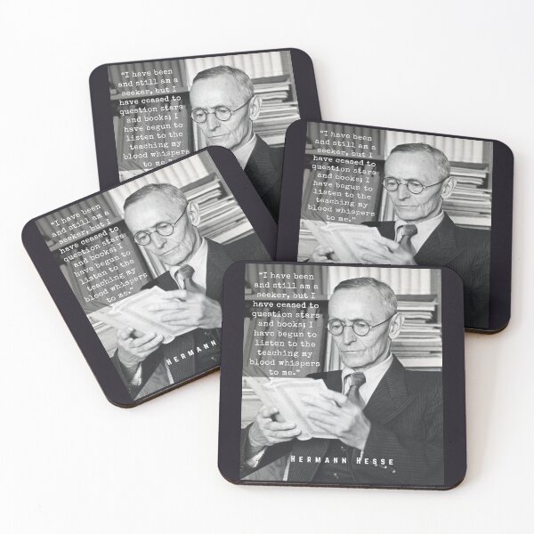 Item preview, Hermann Hesse portrait and quote:“I have been and still am a seeker.... I have begun to listen to the teaching my blood whispers to me.” designed and sold by artbleed.