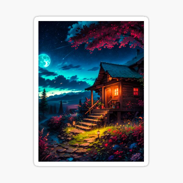 Anime Digital Art Wooden House Flowers Night Moon Sticker