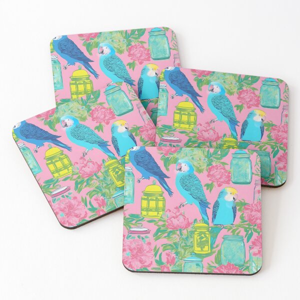 Item preview, Preppy budgies and chinoiserie jars on pink designed and sold by SophieClimaArt.
