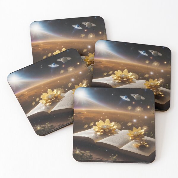 Item preview, Magical golden sparkling sunflowers growing from books in galaxy designed and sold by AI-Only Creations.