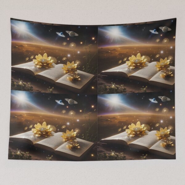 Item preview, Magical golden sparkling sunflowers growing from books in galaxy designed and sold by AI-Only Creations.
