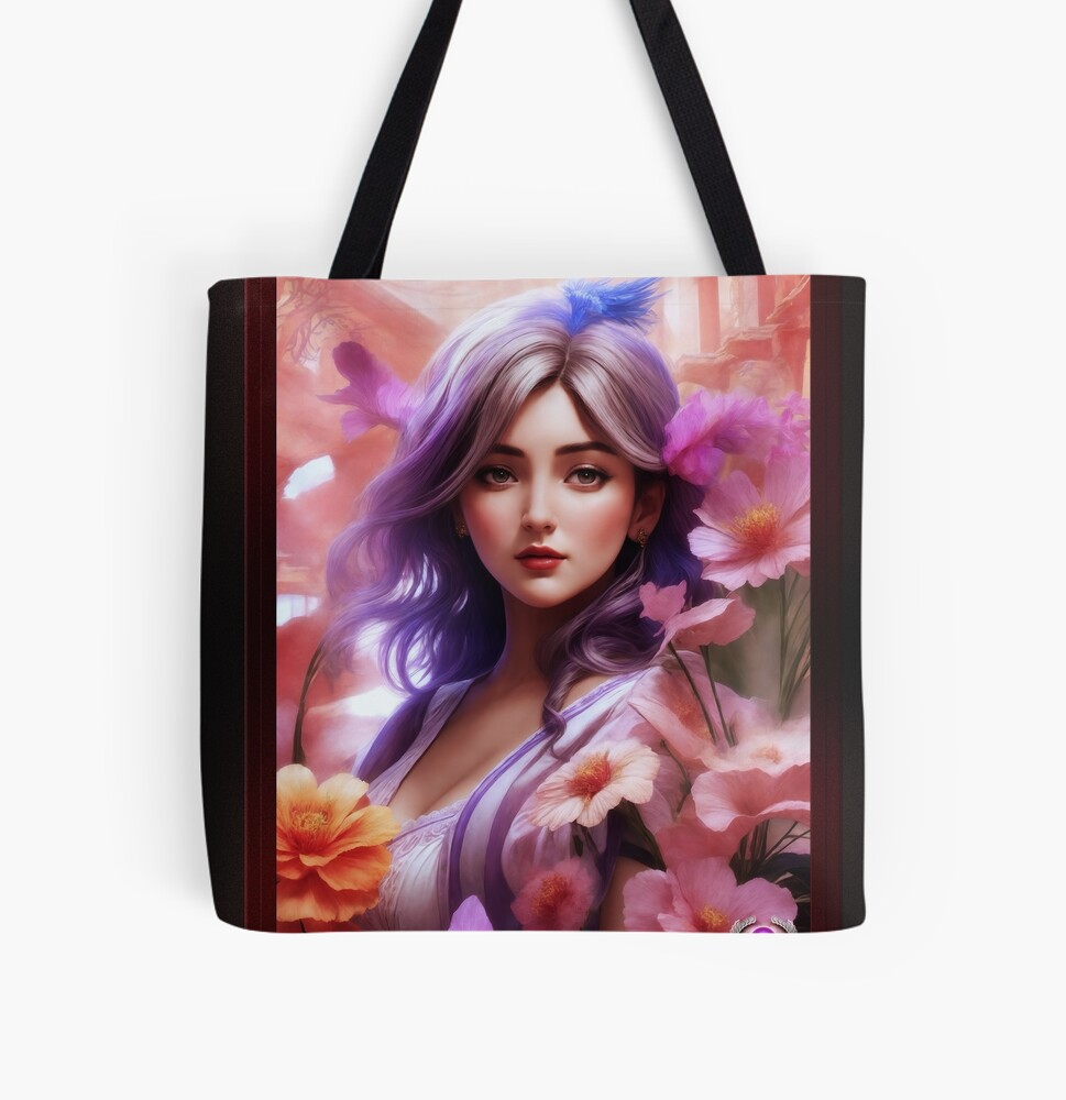A Beauty Among Pastel Flowers AI Concept Art by Xzendor7 4 A Beauty Among Pastel Flowers Beautiful AI Concept Art Portrait by Xzendor7 Decorative Tote Bag