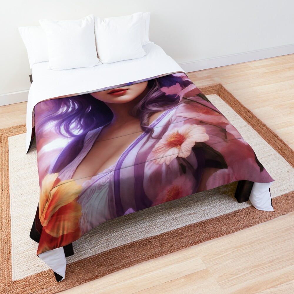 A Beauty Among Pastel Flowers AI Concept Art by Xzendor7 3 A Beauty Among Pastel Flowers Beautiful AI Concept Art Portrait by Xzendor7 Decorative Comforter