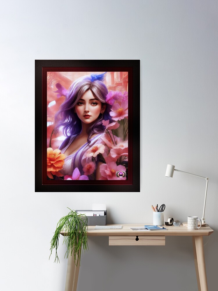 A Beauty Among Pastel Flowers Beautiful AI Concept Art Portrait by Xzendor7 Wall Decor Poster