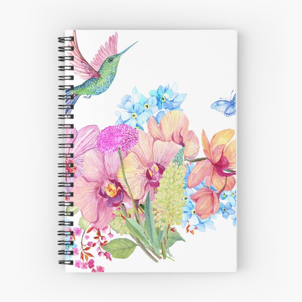 Item preview, Blue Pink Watercolor Orchid Flowers Hummingbird morning, Flowery Design designed and sold by Featheryy.