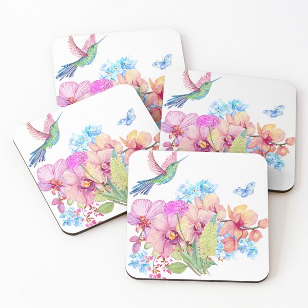Item preview, Blue Pink Watercolor Orchid Flowers Hummingbird morning, Flowery Design designed and sold by Featheryy.