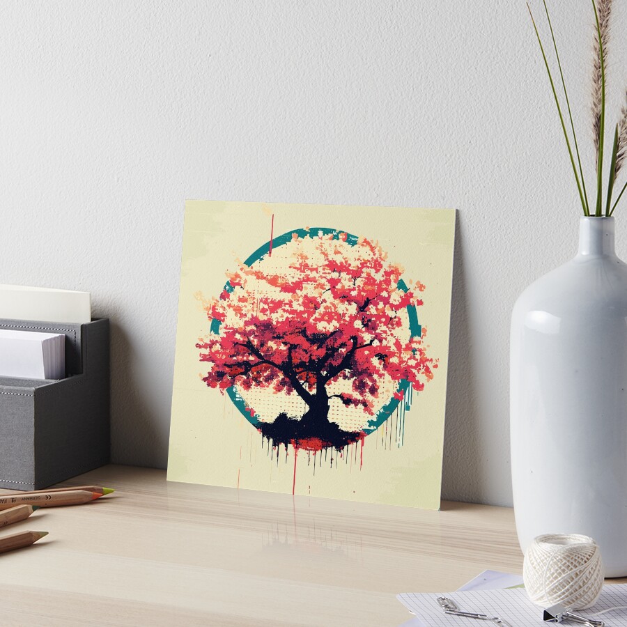 Pixel vintage graffiti japan cherry blossom tree