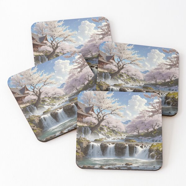 Item preview, Temple, waterfall and cherry blossoms designed and sold by yearningcycle.