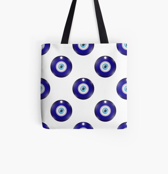 Glass Evil Eye Symbol Seamless Pattern on White Background. Turkish Traditional Amulet. Nazar Protection Talisman. Blue Magic Souvenir All Over Print Tote Bag