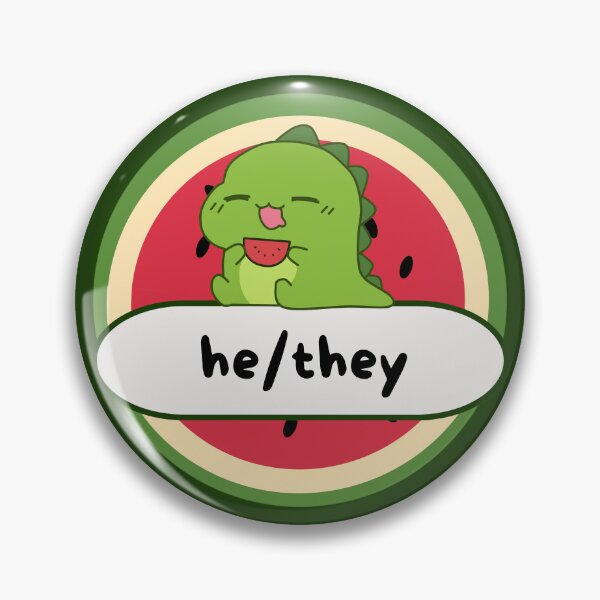 Item preview, I Go By He/They Pronouns | LGBTQ Pride Watermelon Dinosaur | He They Pronoun designed and sold by Furia LGBTQ+ Accessories.