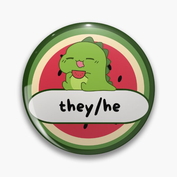 Item preview, I Go By They/He Pronouns | LGBTQ Pride Watermelon Dinosaur | They He Pronoun designed and sold by Furia LGBTQ+ Accessories.