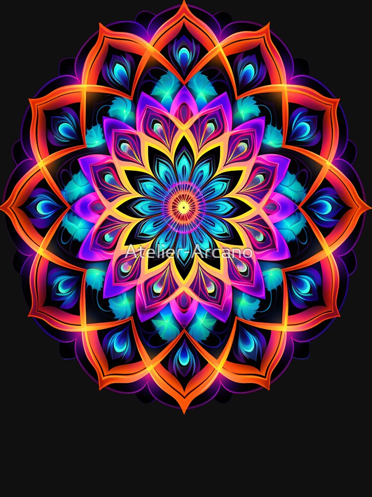 Thumbnail 7 of 7, Classic T-Shirt, Flower mandala fluorescent, blacklight marigold designed and sold by Atelier-Arcano.
