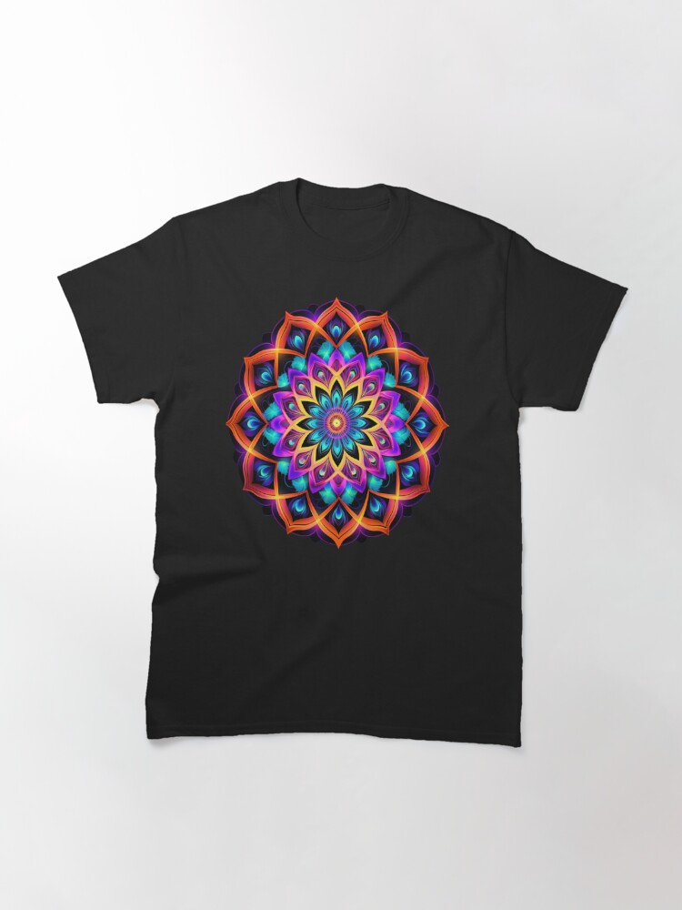 Classic T-Shirt, Flower mandala fluorescent, blacklight marigold designed and sold by Atelier-Arcano