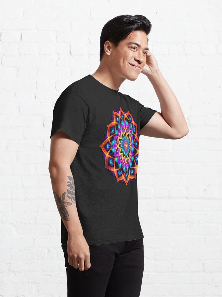 Classic T-Shirt, Flower mandala fluorescent, blacklight marigold designed and sold by Atelier-Arcano