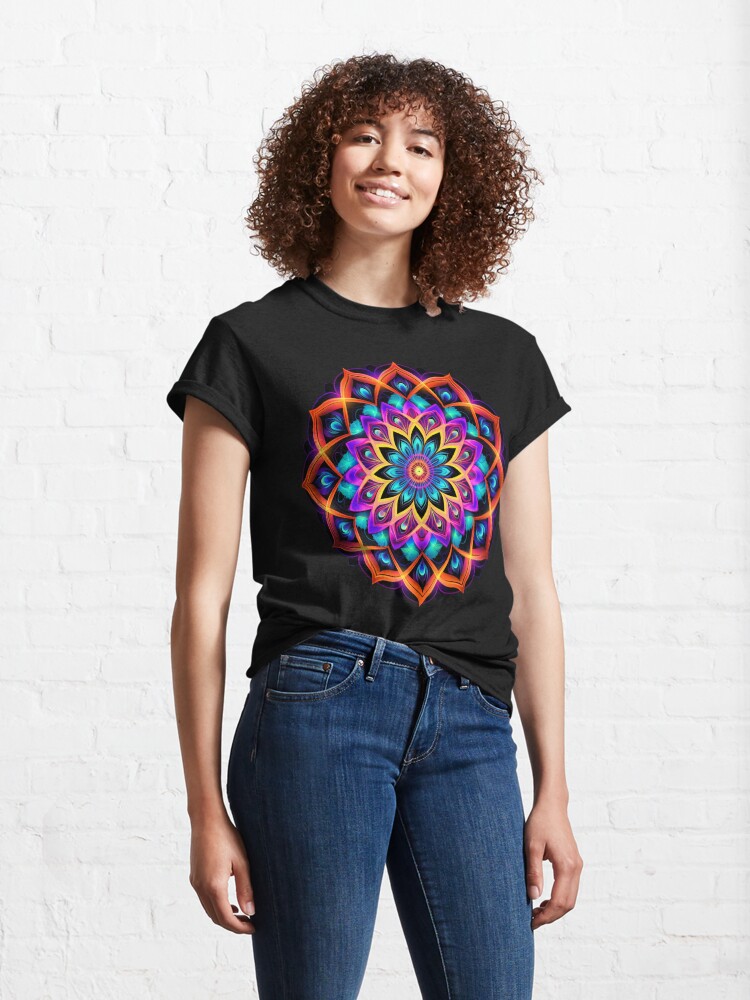 Thumbnail 4 of 7, Classic T-Shirt, Flower mandala fluorescent, blacklight marigold designed and sold by Atelier-Arcano.
