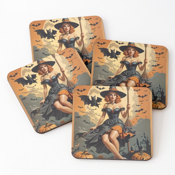 Item preview, Halloween Witch with Broomstick, Pumpkins and Bats, Retro Style designed and sold by GraphiGroove.