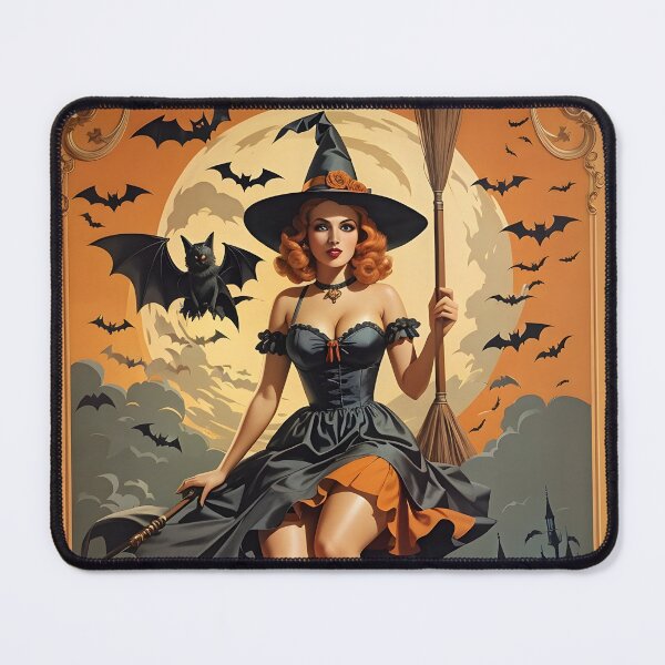 Item preview, Halloween Witch with Broomstick, Pumpkins and Bats, Retro Style designed and sold by GraphiGroove.