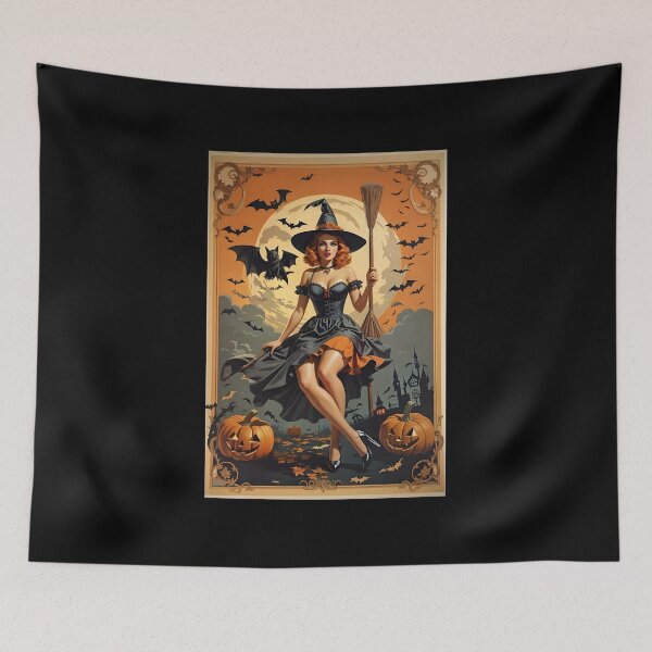 Item preview, Halloween Witch with Broomstick, Pumpkins and Bats, Retro Style designed and sold by GraphiGroove.