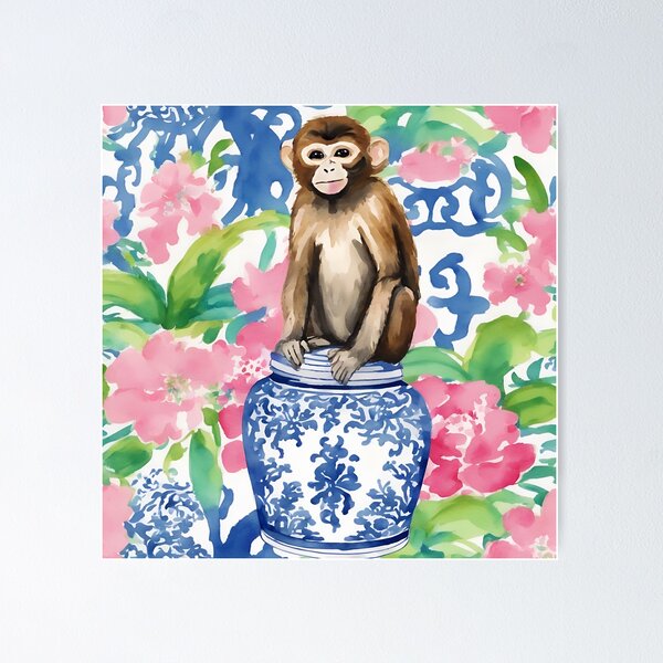 Item preview, Monkey and chinoiserie jar designed and sold by SophieClimaArt.